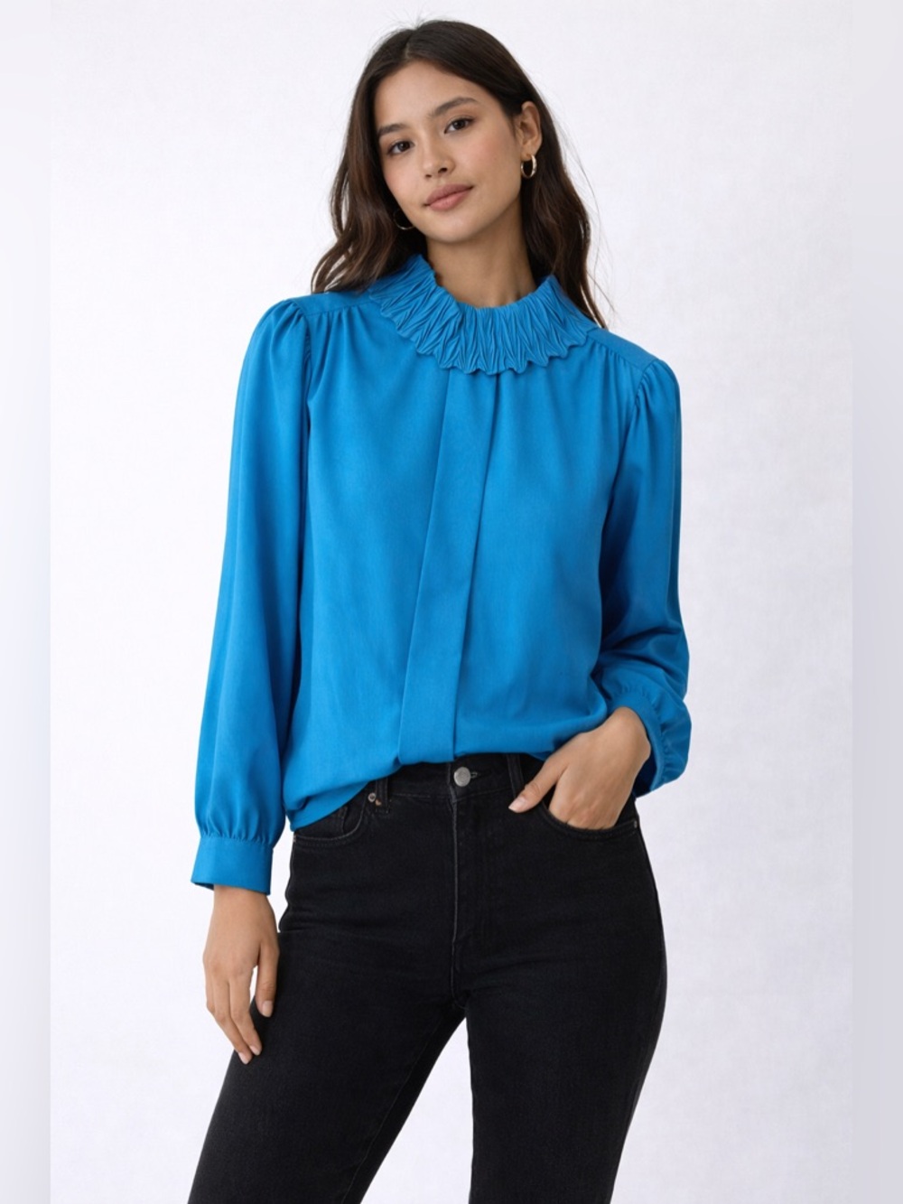 Vintage 70s Rhoda Lee Statement Collar Turquoise Blouse